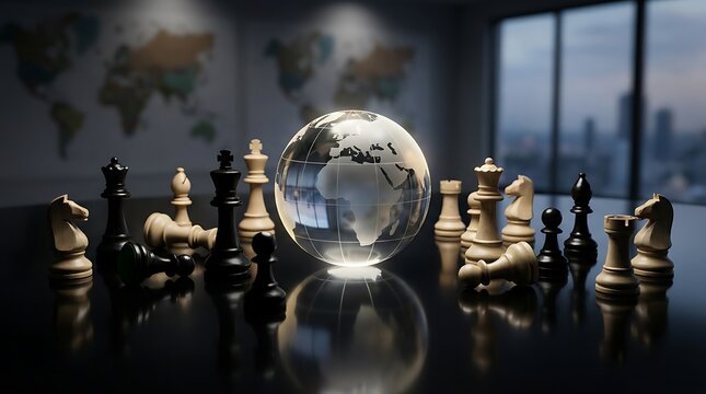 Chess pieces surrounding glass globe on board representing global strategy leadership and international business concept