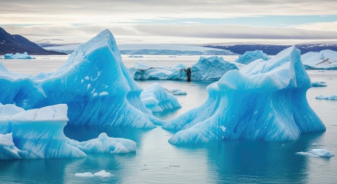 Jagged blue icebergs float in a calm, turquoise ocean. The ice formations are dramatically sculpted by the water, creating unique and intricate shapes.
