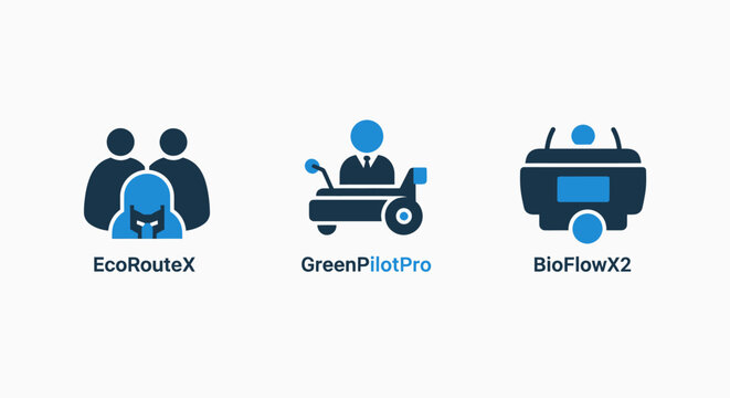 Sustainable business professional icons for eco route x green pilot pro and bio flow x2 system concepts