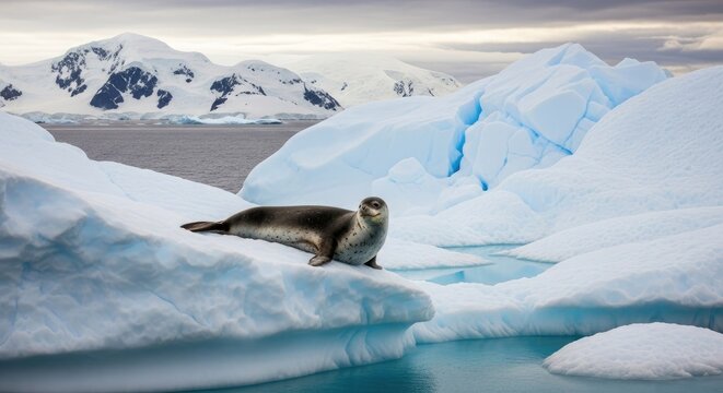 A leopard seal rests on a large block of blue ice in Antarctica. The seal is positioned on a jagged ice formation with a backdrop of snow-capped mountains and more ice floes.