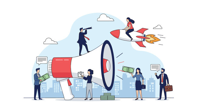Marketing and business promotion concept showing people using a giant megaphone to attract customers and earn money.