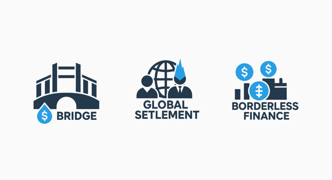 Global finance and settlement icons featuring a financial bridge international trade symbols and borderless currency concepts for banking