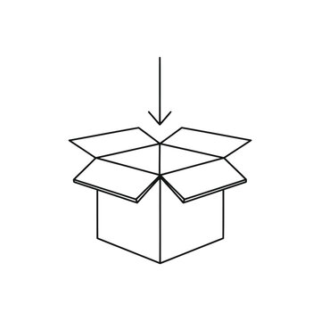 Open cardboard box with an arrow pointing inside, line art icon
