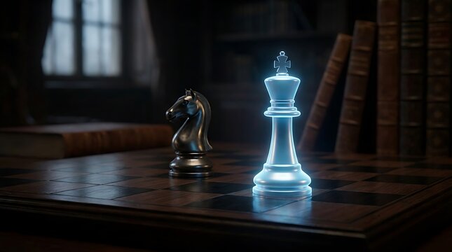 Illuminated chess king piece on board leadership success and strategy concept in dark background