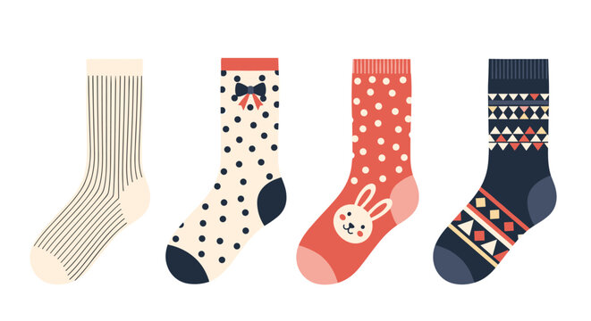 Set of four cozy winter socks featuring different patterns like stripes, polka dots, rabbit faces, and geometric shapes.
