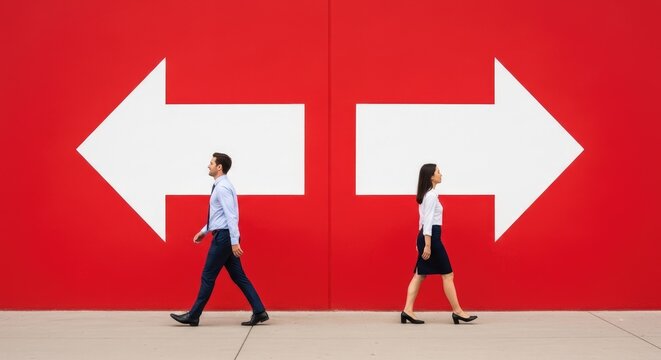 A man and a woman walk in opposite directions along a sidewalk. Two large white arrows point left and right, respectively, set against a vibrant red wall.