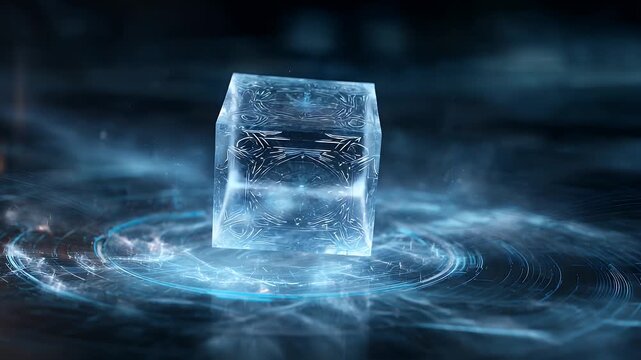 Abstract science fiction hitech technology blockchain data processing background animation, clear blue digital cube rotates slowly in dark space surrounded by glowing lines.