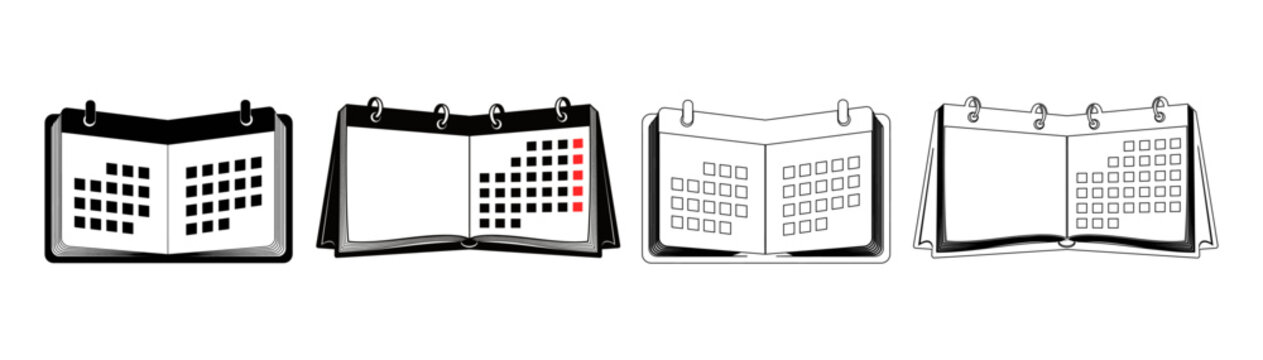 A collection of four desk calendar illustrations displaying various grid layouts and daily planner designs