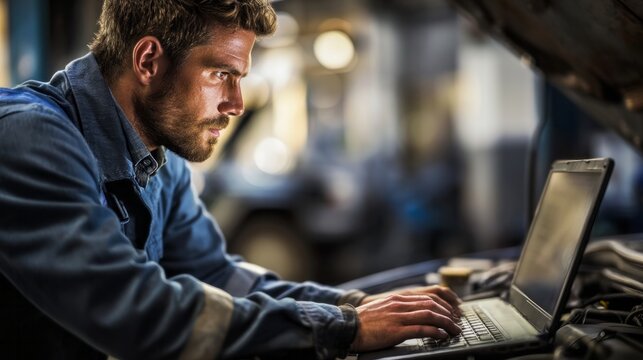 Mechanic intently typing on a laptop, analyzing vehicle data in an auto repair workshop. Demonstrating modern diagnostic technology