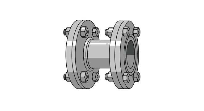 A sturdy industrial pipe flange connection featuring multiple tightened bolts and nuts sits in a neutral environment with a monochromatic metallic finish.