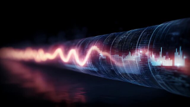 Abstract digital data stream pulses through glowing electronic cable displaying orange wave patterns and blue binary code segments in dark futuristic environment with depth of field effects.