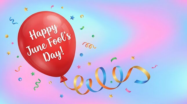 June fools day celebration balloon with ribbon and confetti on colorful gradient background festive design