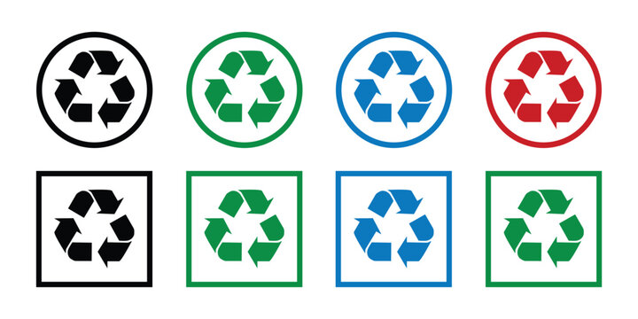 A set of recycling symbols arranged in rows, featuring the universal mobius loop icon enclosed in circles and squares of various colors.