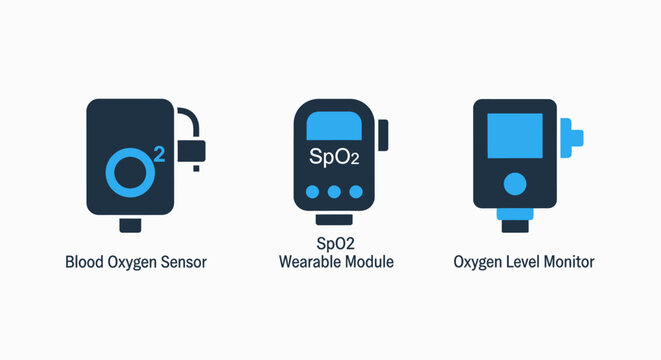 Medical health monitoring device icons: blood oxygen sensor, sp o2 wearable module, and oxygen level monitor