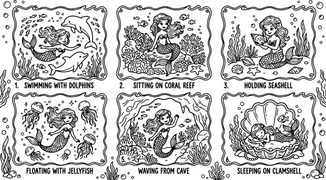 Black and white line art of mermaids swimming with dolphins floating with jellyfish and holding seashell waving from cave and sleeping on clamshell underwater scene collection