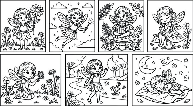 Cute little fairy girl holding flower flying with magic wand sitting on mushroom with gift box resting on leaf with closed eyes interacting with butterfly walking on forest path black line art vector