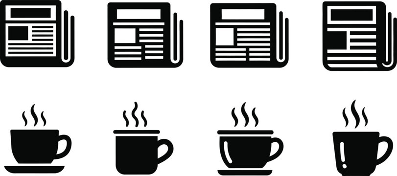 Newspaper coffee icons set black glyph designs for news media beverage and morning routine concepts