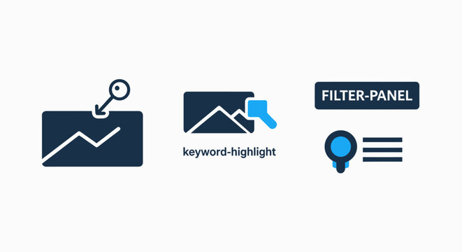 Digital interface icons for data analysis, keyword highlighting, and filter panel functionality