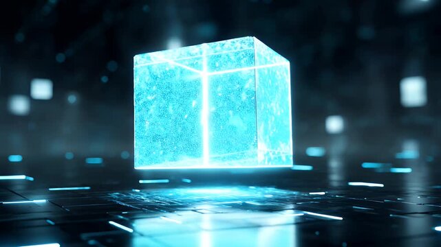 Abstract futuristic digital data cube glowing with cyan energy particles in dark high tech cyberspace environment representing cloud computing server technology and artificial intelligence.