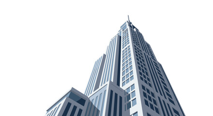 Fototapeta premium A dramatic low-angle view of a tall modern skyscraper featuring blue glass windows and a white structural frame isolated against a stark white background.