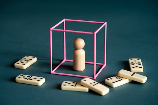 Wooden peg doll standing inside a pink square frame surrounded by scattered dominoes