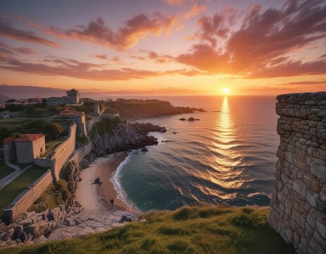 Sunset over the Atlantic Ocean from the top of Baiona's medieval fortress ,  coastal,  sky,  architecture