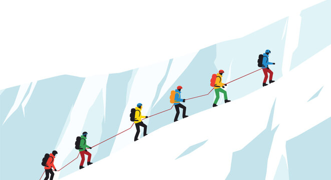 Five determined mountaineers ascend a treacherous, steep, icy mountain slope while connected together by a long, taut red safety rope in cold weather.