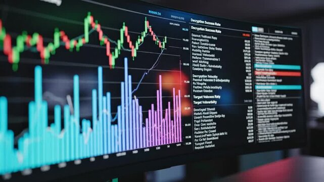Analyzing cryptocurrency and stock market fluctuations on a curved computer screen with data and charts