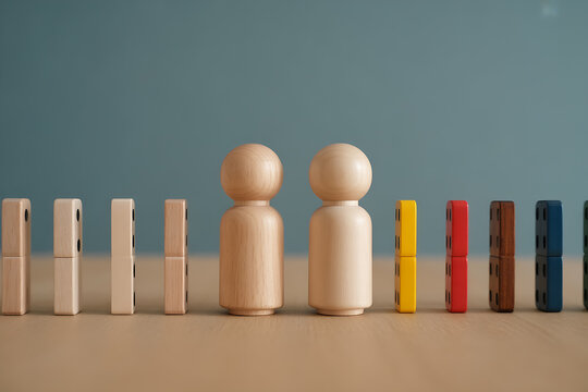 Two wooden peg dolls standing between colorful vertical domino blocks