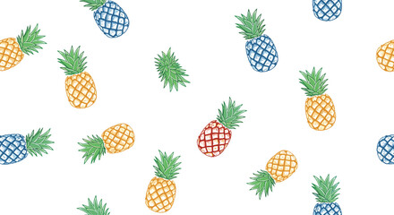 Fototapeta premium Vibrant seamless pattern of hand drawn pineapples in various colors including blue, yellow, and red on a clean white background for textile art.