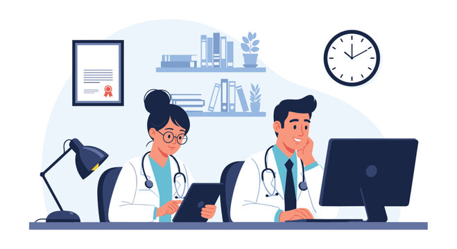 Two professional medical doctors working in a clean modern clinic with a computer and tablet at their desks.