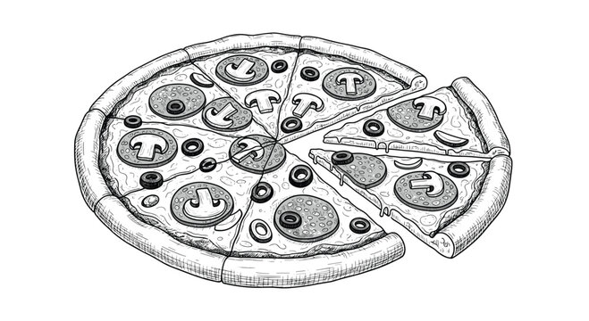 Detailed black and white line drawing of a delicious whole pizza topped with mushrooms pepperoni slices and olives.