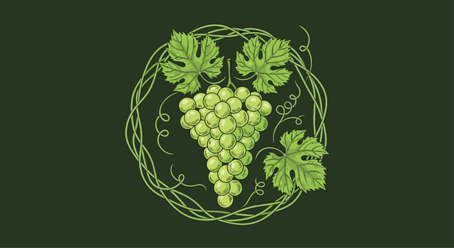 Vintage style illustration of a bunch of green grapes surrounded by vine leaves and curly tendrils on a dark green textured circle background.