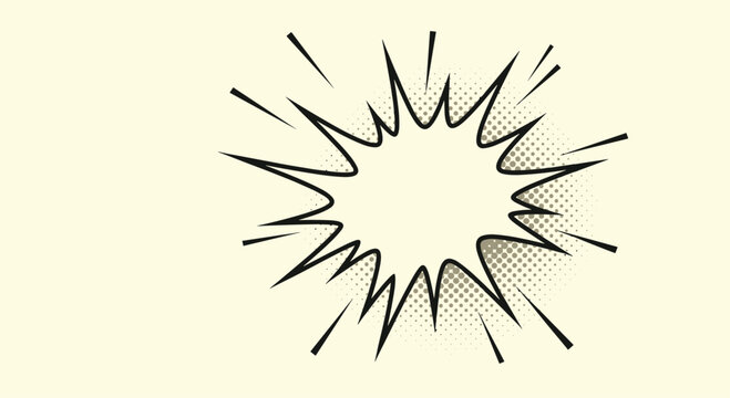 Classic comic book explosion bubble or speech cloud with dynamic lines and halftone patterns for action scenes and creative graphic design art.