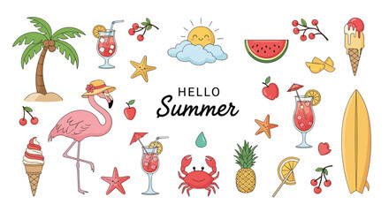 Obraz premium Hello summer collection of colorful stickers featuring tropical elements like flamingo palm tree pineapple and cold refreshing drinks on white.