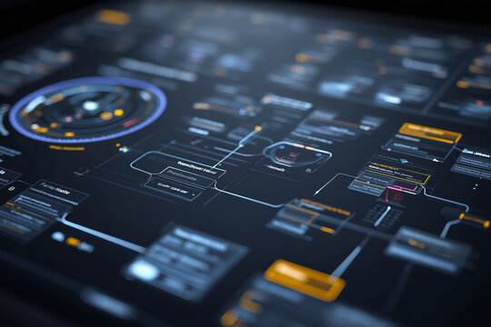 Futuristic dashboard interface displaying autonomous AI agents collaborating, with dynamic flowcharts and decision trees in motion