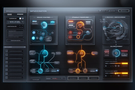Futuristic dashboard interface displaying autonomous AI agents collaborating, with dynamic flowcharts and decision trees in motion