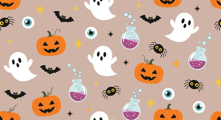 Naklejka premium Festive Halloween seamless pattern showcasing jack o lanterns, friendly ghosts, black spiders, and bats flying on a light brown background.