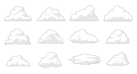 Obraz premium Collection of various white cartoon clouds with different shapes and volumes for sky backgrounds, weather forecasts, and simple graphic designs.