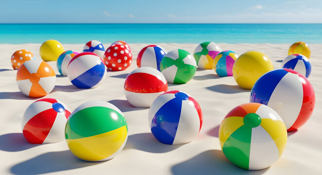A collection of colorful beach balls on a sandy beach with a clear blue ocean in the background.