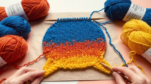 Knitting a small colorful design with multiple yarn colors and needles creating a vibrant pattern