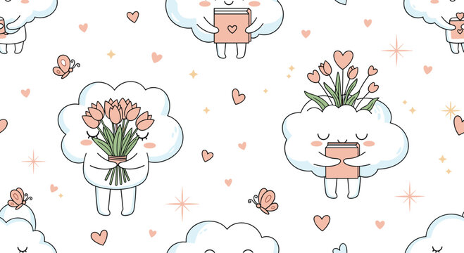 Adorable cloud characters seamless pattern featuring cute weather elements with flowers and books for children's textile design and wallpaper.