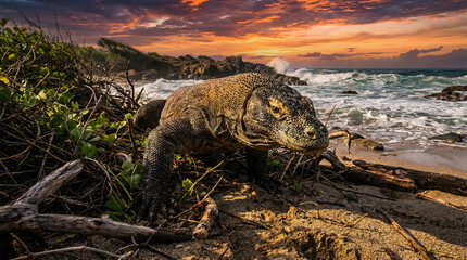 Fototapeta premium Dramatic Komodo dragon on tropical rocky beach at sunset, crashing waves, cinematic wildlife scene, Indonesia natural habitat