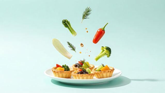 Vegetable tartlets on a white plate with broccoli, pepper and herbs on a mint background, creative food concept