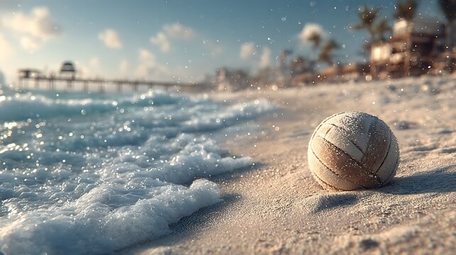Beach volleyball equipment on bright sandy shore with soft waves wallpapers