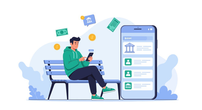 Man using mobile banking app on bench with digital finance icons and smartphone