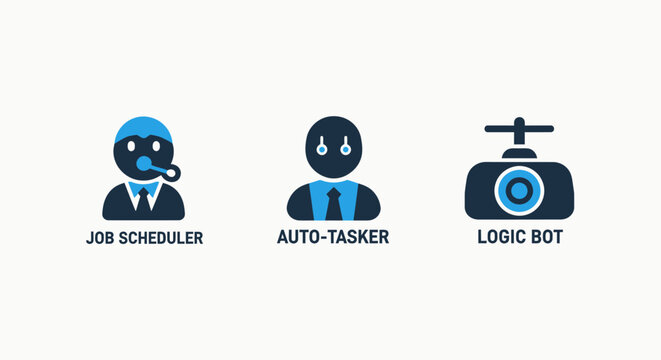 Artificial intelligence and automation icons including a job scheduler auto tasker and logic bot for efficient workflow management