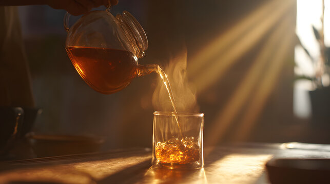 Golden hour tea ritual amber tea pouring into glass cup in warm sunlight, steam rising and soft sunbeams creating cozy mood