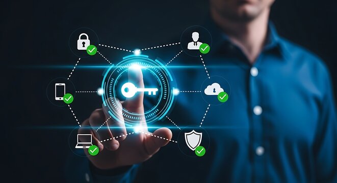 Digital security technology visualizing access control key connected to authentication verification icons within secure enterprise network