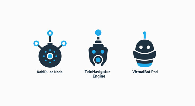 Artificial intelligence and automation icons featuring auto picker bot, tokenization engine, and virtual robot head designs for software and tech interfaces